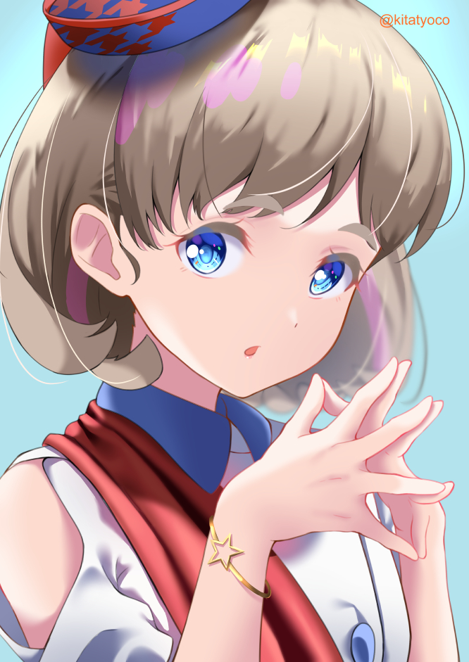 1girl, bangs, blue_collar, blue_eyes, blue_headwear, buttons, collar, fingers_together