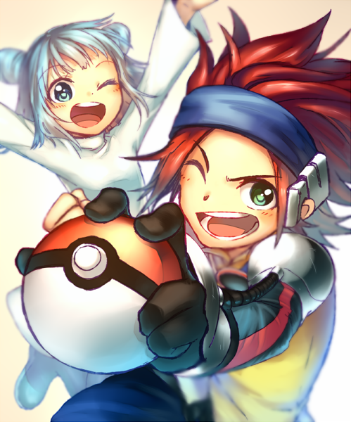 1boy, 1girl, arms_up, bangs, blue_hairband, blue_pants, blurry, blush