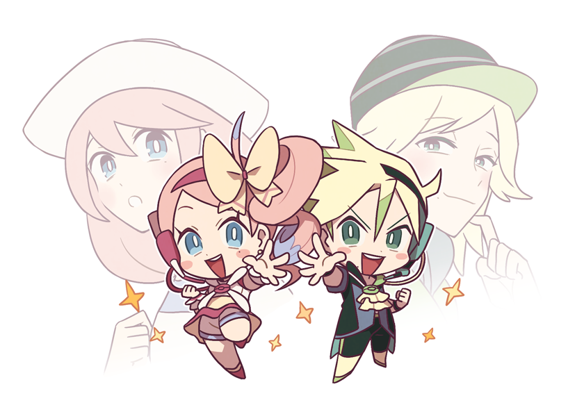 1boy, 1girl, :d, bangs, blue_eyes, blush_stickers, bow, bright_pupils
