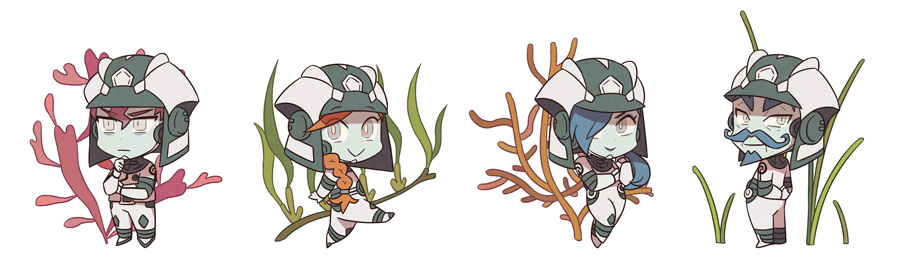 2boys, 2girls, blue_hair, bodysuit, braid, braided_ponytail, bright_pupils, chibi