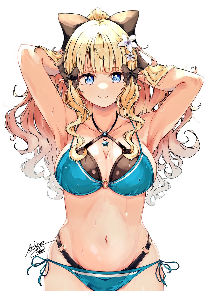 1girl, bangs, bikini, black_bow, blonde_hair, blue_eyes, blush, bow, breasts, elf, eyebrows_visible_through_hair, hair_bow, hair_ornament, keinesandayoooo, large_breasts, long_hair, looking_at_viewer, pointy_ears, princess_connect!, saren_(princess_connect!), simple_background, solo, swimsuit, white_background
