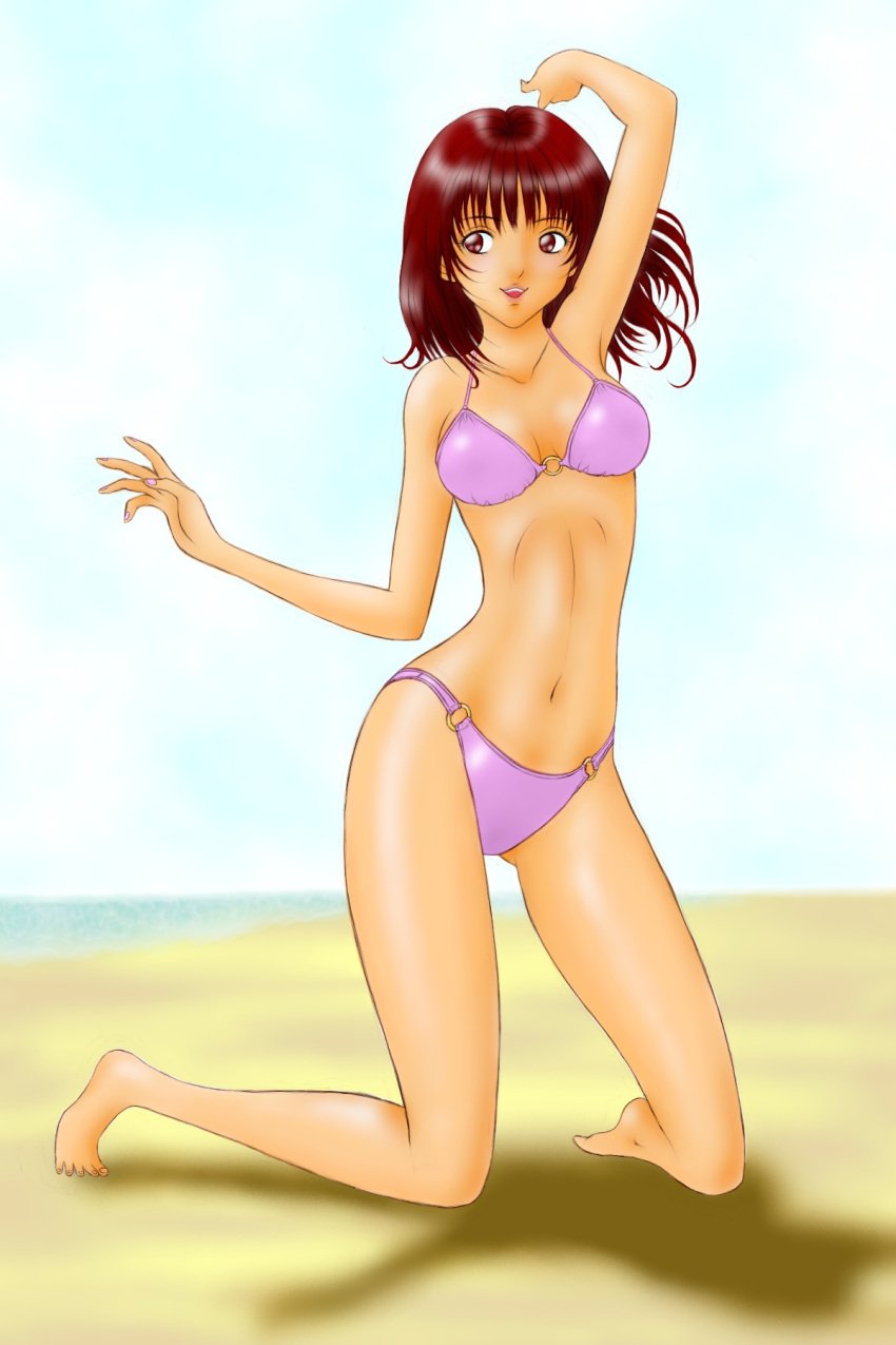 arms_up, barefoot, bikini, brown_eyes, brown_hair, jun_tamayochan, kneeling, short_hair