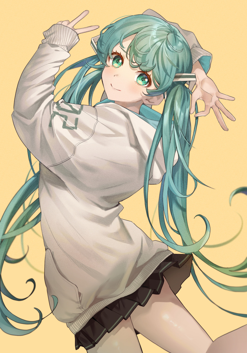 1girl, :>, absurdres, aqua_eyes, aqua_hair, arched_back, arms_up, black_skirt
