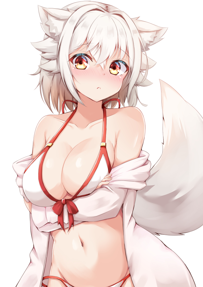 1girl, animal_ear_fluff, animal_ears, bikini, blush, breasts, closed_mouth, collarbone