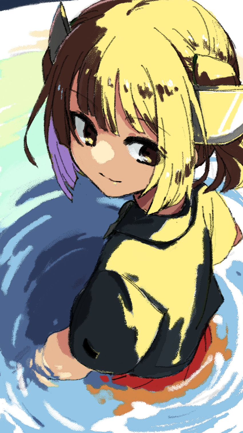 1girl, absurdres, black_shirt, brown_eyes, brown_hair, commentary, from_above, headgear