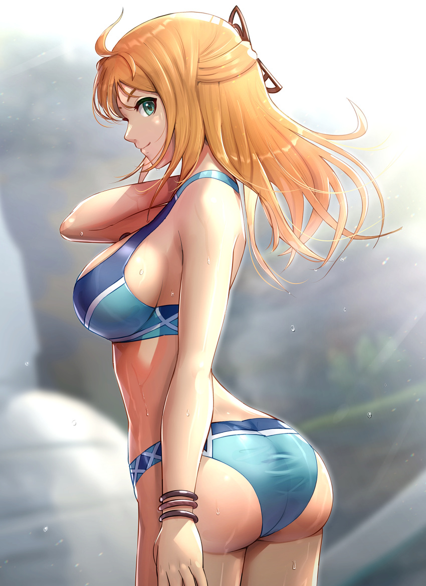 1girl, absurdres, ahoge, arm_at_side, ass, bare_arms, bare_shoulders, bikini, blonde_hair, blue_bikini, bracelet, breasts, closed_mouth, cowboy_shot, cute, day, duplicate, fiora_(xenoblade), from_behind, gonzarez, green_eyes, hair_ornament, highres, jewelry, large_breasts, light_rays, long_hair, looking_at_viewer, looking_back, monolith_soft, nintendo, outdoors, pixel-perfect_duplicate, sideboob, smile, solo, sunbeam, sunlight, swimsuit, wet, xenoblade_chronicles, xenoblade_chronicles_(series)