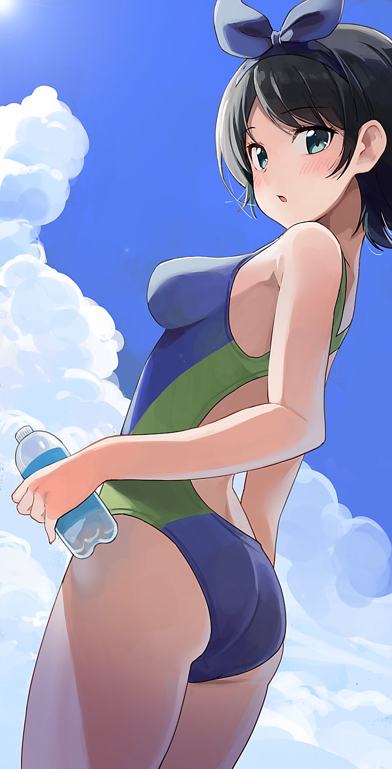 1girl, arched_back, ass, back_cutout, bangs, bare_shoulders, black_hair, blue_ribbon
