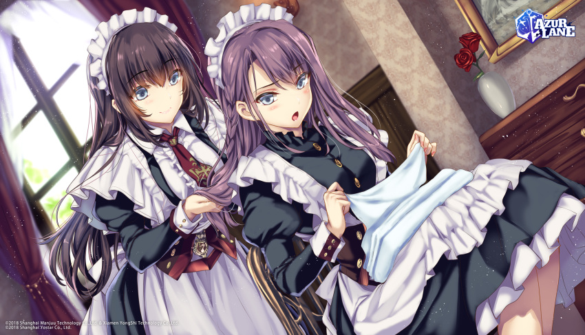 2girls, azur_lane, bangs, black_hair, blue_eyes, braid, brown_hair, chair
