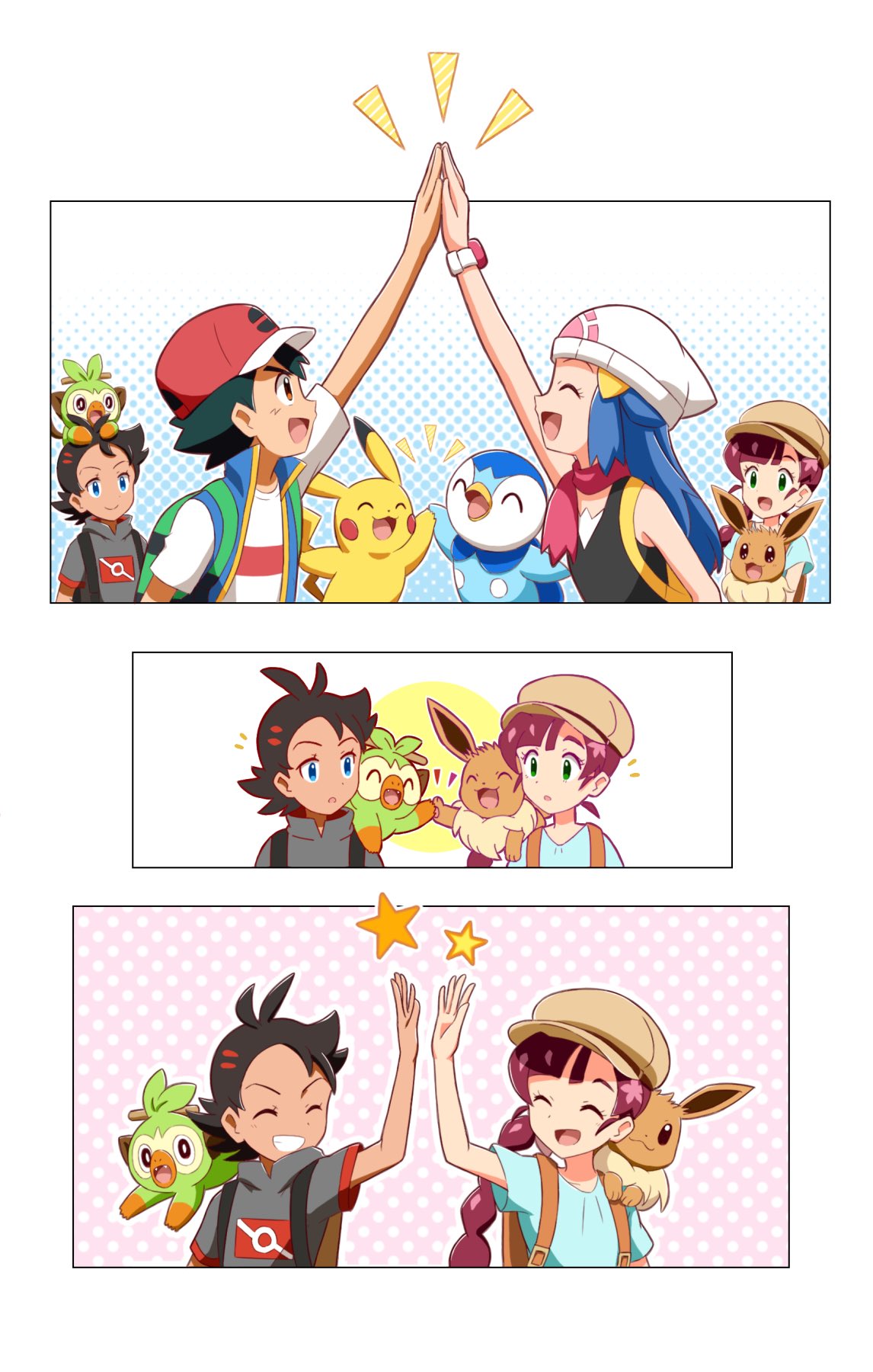 2boys, 2girls, arm_up, ash_ketchum, bangs, bare_arms, baseball_cap, black_hair, blue_dress, blue_eyes, blue_jacket, blue_shirt, blush, brown_headwear, bubble, chloe_(pokemon), clenched_hands, commentary_request, crescent, crescent_hair_ornament, hikari_(pokemon), dress, eevee, eyelashes, gen_1_pokemon, gen_4_pokemon, gen_8_pokemon, gloves, goh_(pokemon), green_eyes, grey_shirt, grookey, hair_ornament, hands_together, haruhi_(xy161027z), hat, high_five, highres, jacket, long_hair, multiple_boys, multiple_girls, number, open_mouth, pikachu, piplup, pokemon, pokemon_(anime), pokemon_swsh_(anime), red_headwear, shirt, smile, sparkle, steepled_fingers, t-shirt, tongue, upper_teeth, white_shirt