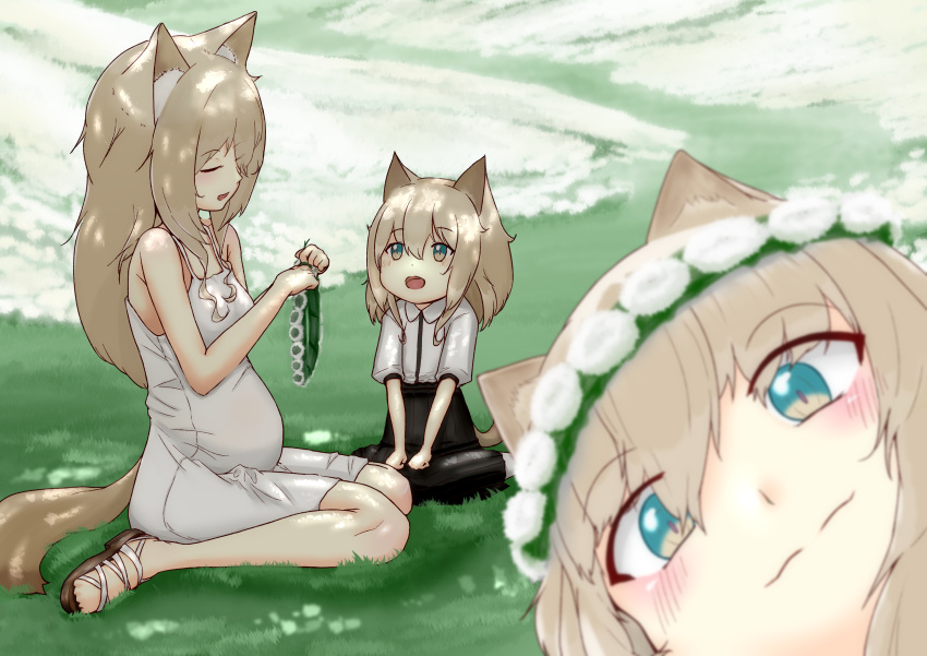 3girls, absurdres, animal_ears, arknights, bare_shoulders, big_belly, black_skirt, blonde_hair