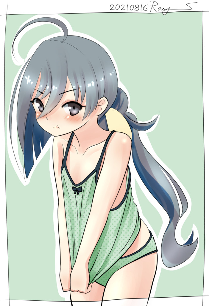 1girl, :t, ahoge, border, camisole, camisole_pull, cowboy_shot, dated, green_background, green_camisole, green_panties, grey_eyes, grey_hair, hair_between_eyes, hair_bun, kantai_collection, kiyoshimo_(kancolle), looking_at_viewer, low_twintails, one-hour_drawing_challenge, panties, pout, ray.s, signature, solo, twintails, underwear, underwear_only, white_border