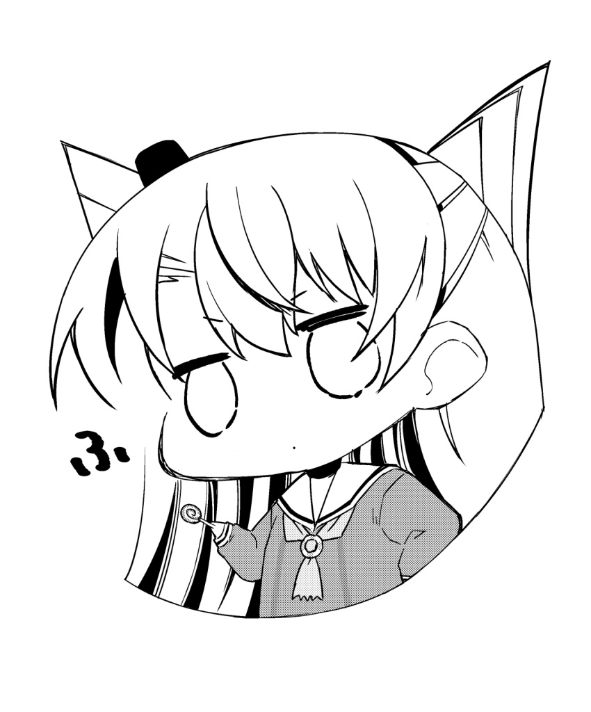 1girl, amatsukaze_(kancolle), ataru_(ataru-littlebird), candy, chibi, choker, dress, food, greyscale, hair_tubes, hat, highres, kantai_collection, lifebuoy_ornament, lollipop, mini_hat, monochrome, sailor_collar, sailor_dress, smokestack_hair_ornament, solo, two_side_up, upper_body, windsock