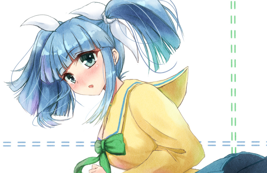 1girl, bangs, blue_hair, blunt_bangs, blush, borubikku, bow, from_side