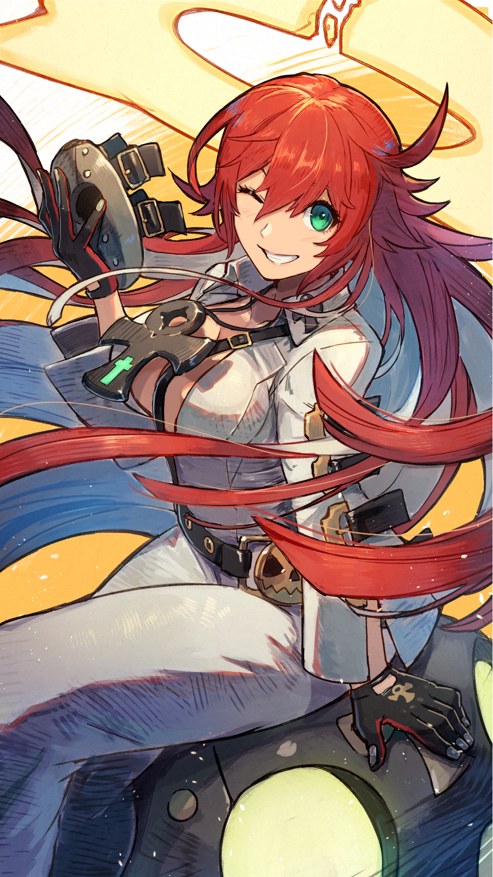ankh, ankh_necklace, aria_(guilty_gear), bodysuit, broken_halo, green_eyes, guilty_gear, guilty_gear_strive