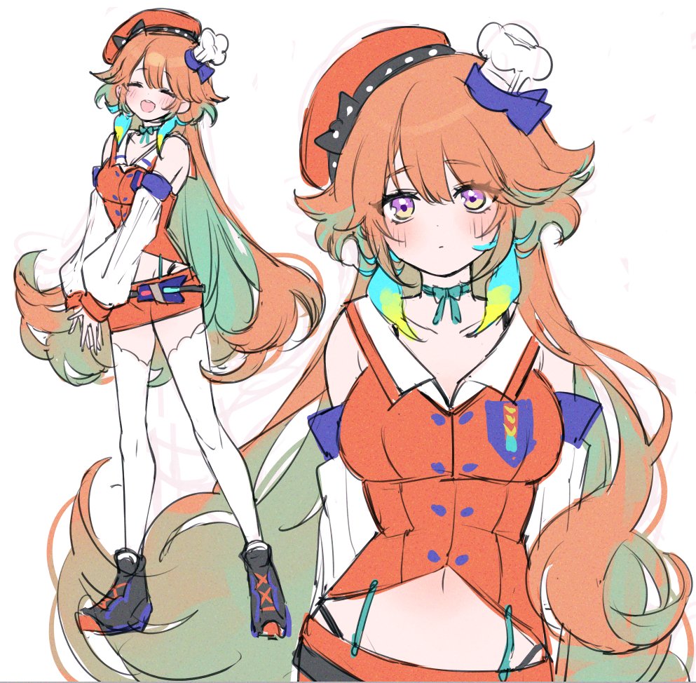 1girl, alternate_hair_length, alternate_hairstyle, arms_behind_back, beret, black_footwear, blue_choker, blush, breasts, chef_hat, choker, closed_eyes, closed_mouth, colored_inner_hair, commentary, cowboy_shot, cross-laced_footwear, detached_sleeves, eyebrows_visible_through_hair, eyes_visible_through_hair, feathers, full_body, hair_between_eyes, hair_flaps, hands_together, hat, hololive, hololive_english, jacket, light_blue_hair, long_hair, looking_at_viewer, mamaloni, medium_breasts, midriff, miniskirt, multicolored_hair, multiple_hats, multiple_views, navel, open_mouth, orange_hair, orange_jacket, orange_skirt, red_headwear, shoes, simple_background, sketch, skirt, smile, standing, symbol-only_commentary, takanashi_kiara, thigh-highs, two-tone_hair, violet_eyes, virtual_youtuber, wavy_hair, white_background, white_headwear, white_legwear, zettai_ryouiki