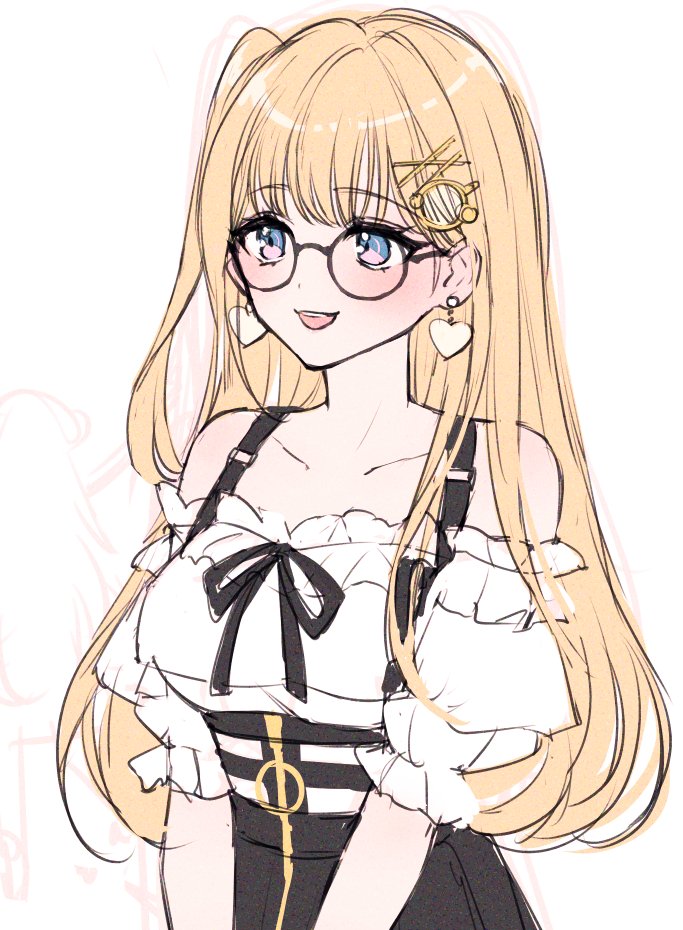 alternate_hair_length, alternate_hairstyle, asymmetrical_hair, black-framed_eyewear, black_ribbon, black_skirt, blonde_hair, blue_eyes, blush, breasts, collarbone, commentary, earrings, eyebrows_visible_through_hair, frilled_shirt, frills, gear_hair_ornament, glasses, hair_ornament, hairclip, heart, heart_earrings, hololive, hololive_english, jewelry, long_hair, mamaloni, medium_breasts, neck_ribbon, off-shoulder_shirt, off_shoulder, official_alternate_costume, open_mouth, ribbon, round_eyewear, shirt, shirt_tucked_in, side_ponytail, simple_background, sketch, skirt, smile, straight_hair, suspender_skirt, suspenders, symbol-only_commentary, upper_body, virtual_youtuber, watson_amelia, white_background, white_shirt