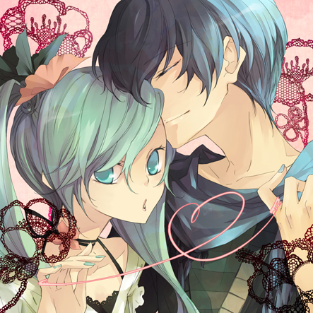 1girl, aqua_eyes, aqua_hair, blue_hair, closed_eyes, couple, hair_ribbon, hatsune_miku, kaito, lowres, ribbon, scarf, smile, tokiwa-hazy, twintails, vocaloid, world_is_mine_(vocaloid)