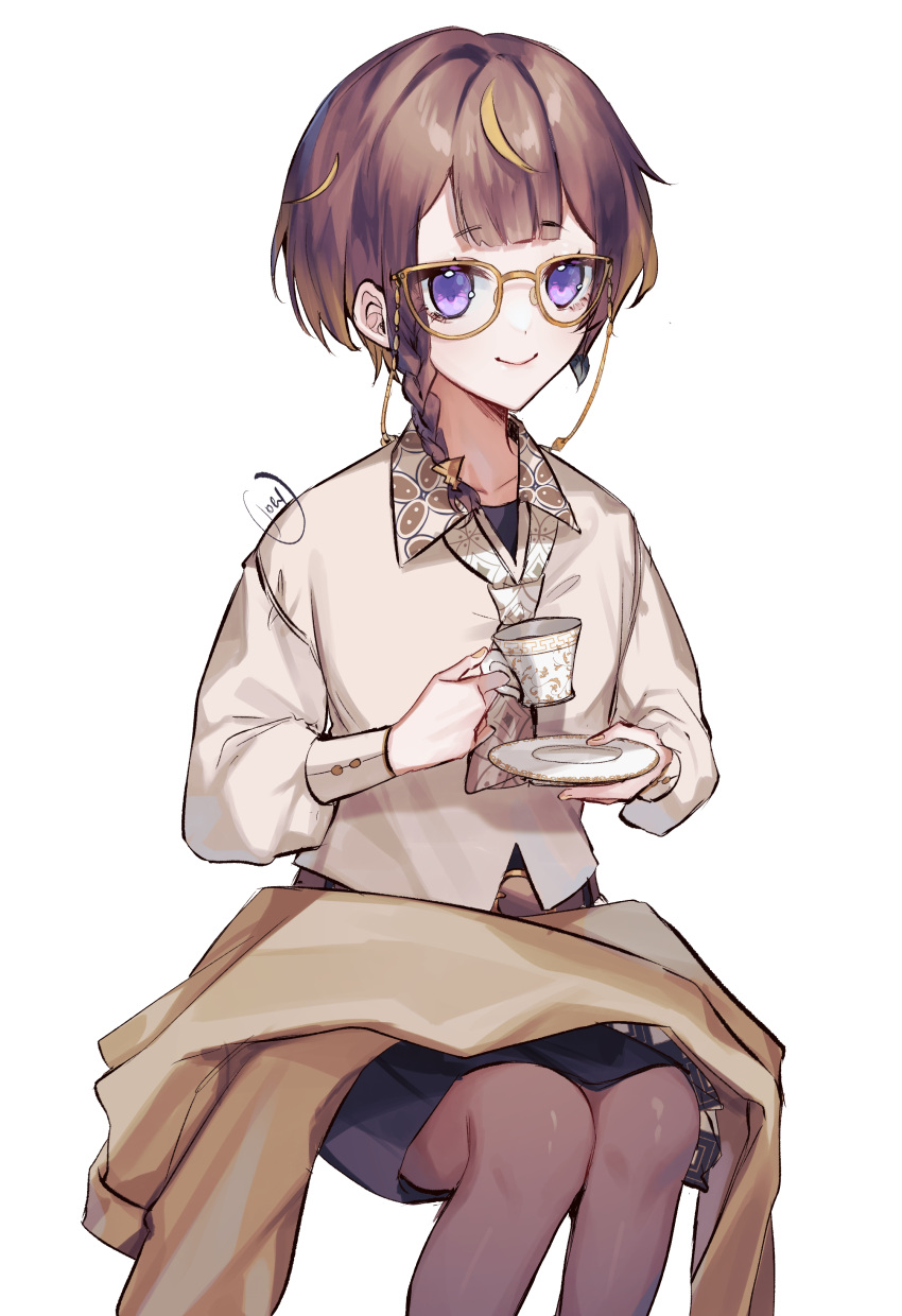 1girl, absurdres, anya_melfissa, bangs, beige_shirt, black_legwear, black_skirt, blonde_hair, braid, brown_hair, coat, coat_removed, collarbone, collared_shirt, commentary, cup, english_commentary, glasses, highres, holding, holding_cup, holding_tray, hololive, hololive_indonesia, invisible_chair, joey_ruvoa, long_sleeves, multicolored_hair, necktie, official_alternate_costume, shirt, side_braid, simple_background, single_braid, sitting, skirt, smile, solo, streaked_hair, tray, two-tone_hair, violet_eyes, virtual_youtuber, white_background