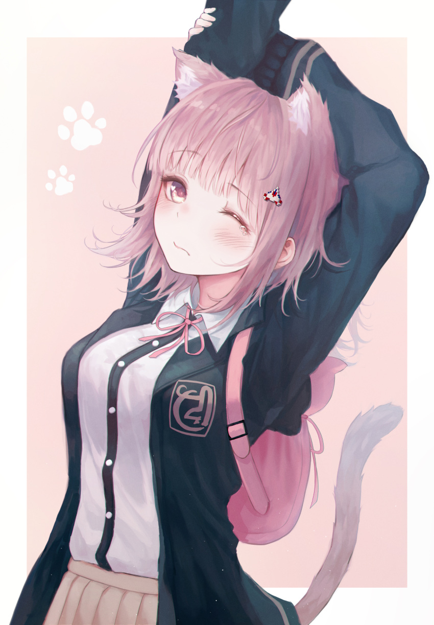 1girl, absurdres, animal_bag, animal_ears, arms_up, backpack, bag, bangs