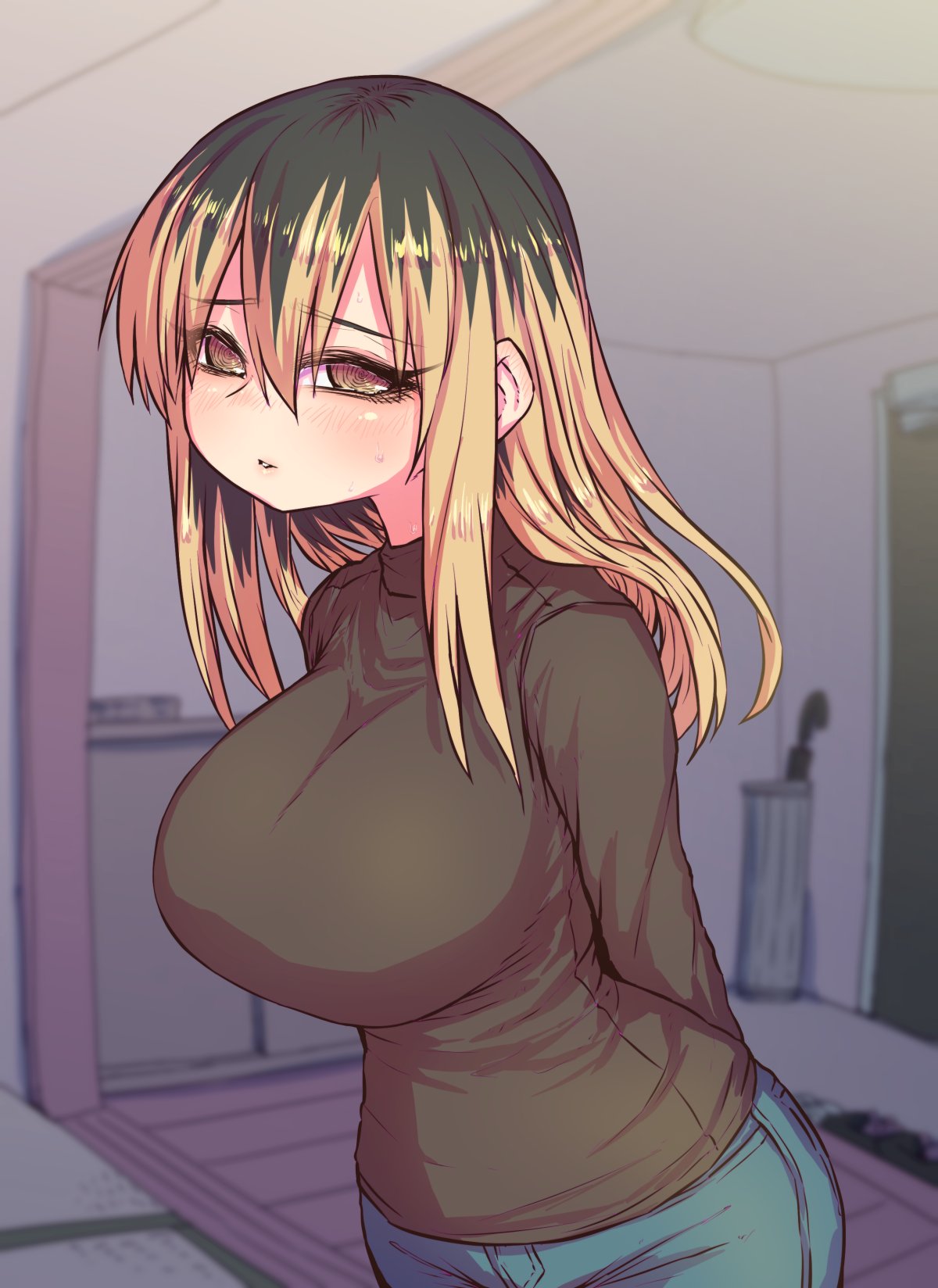 1girl, @_@, arms_behind_back, bed, black_hair, black_sweater, black_tail, black_wings