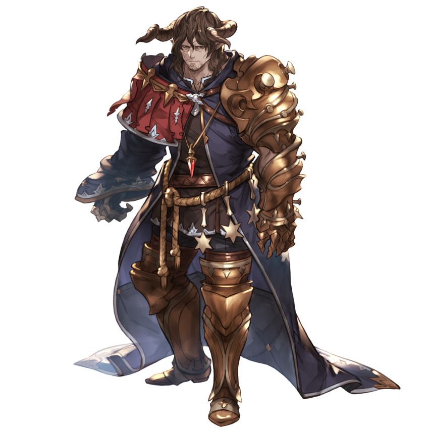 1boy, arm_guards, armor, brown_eyes, brown_hair, cape, draph, facial_hair