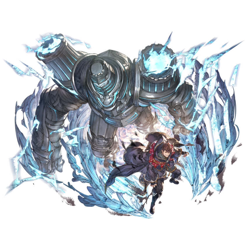 1boy, armor, boots, brown_eyes, brown_hair, cape, ear_piercing, earrings, energy, fingerless_gloves, gloves, granblue_fantasy, jewelry, lobelia_(granblue_fantasy), long_sleeves, looking_at_viewer, official_art, pendant, piercing, solo, the_tower_(granblue_fantasy), transparent_background