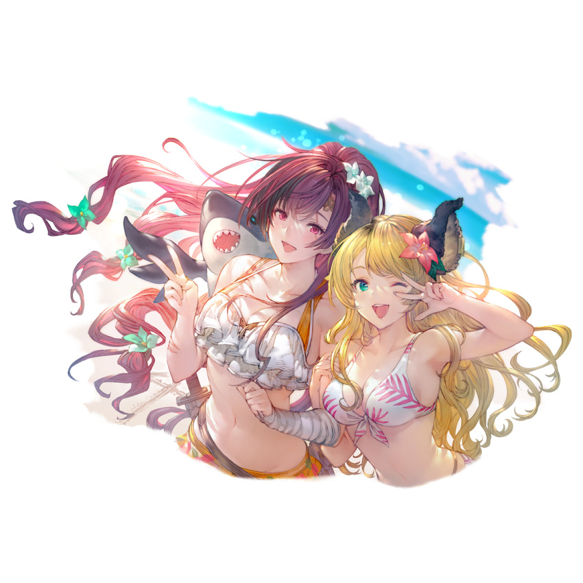 2girls, bandaged_arm, bandages, bikini, bikini_top, blonde_hair, blue_eyes, breasts