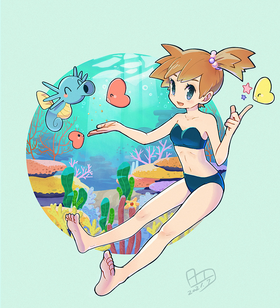 1girl, air_bubble, alternate_color, bangs, bare_arms, barefoot, blush, bo9_(bo9_nc), bubble, collarbone, dated, eyelashes, full_body, gen_1_pokemon, gen_3_pokemon, horsea, index_finger_raised, knees, light_beam, luvdisc, misty_(pokemon), navel, one_side_up, open_mouth, orange_hair, pokemon, pokemon_(creature), pokemon_(game), pokemon_rgby, shiny_pokemon, smile, soles, star_(symbol), swimsuit, symbol-only_commentary, tied_hair, toes, underwater