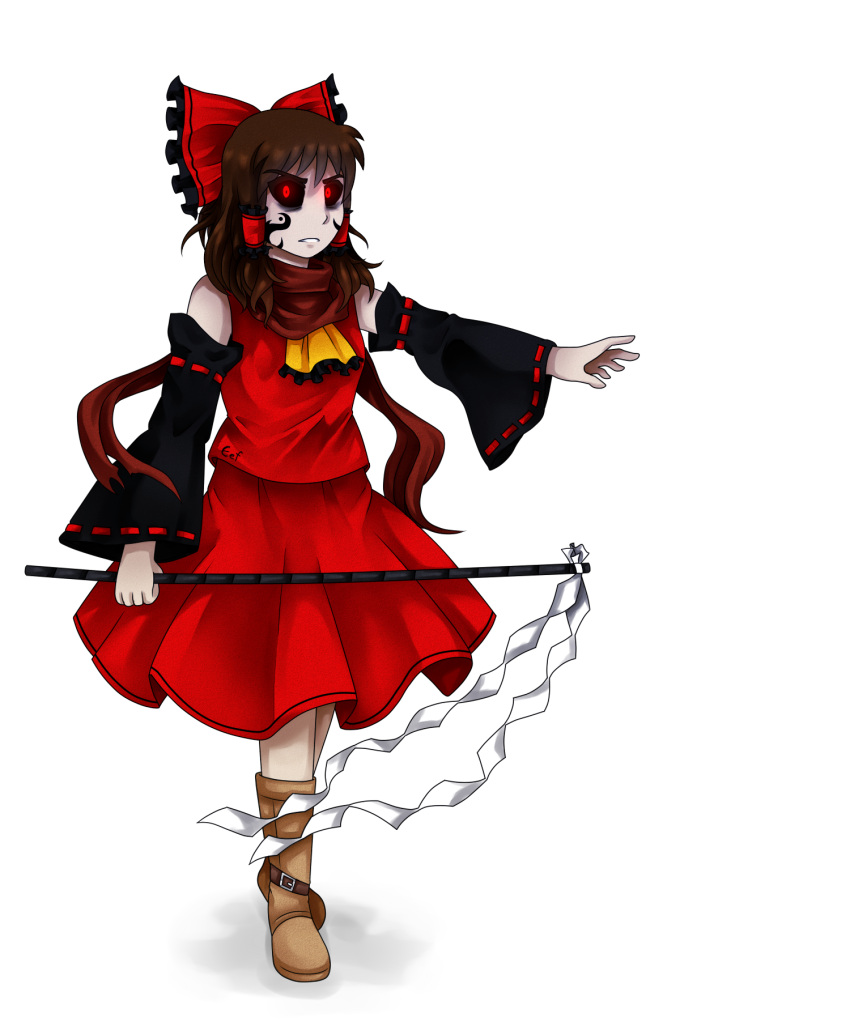 1girl, aimturein, alternate_costume, angry, black_eyes, black_sleeves, boots, bow