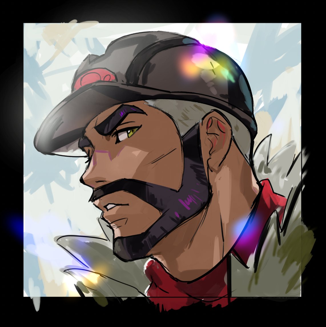 1boy, beard, black_border, black_hair, black_headwear, border, commentary_request, dark-skinned_male, dark_skin, facial_hair, green_eyes, helmet, male_focus, mustache, parted_lips, peony_(pokemon), pokemon, pokemon_(game), pokemon_swsh, portrait, red_shirt, shirt, short_hair, sideways_glance, solo, tofu_(tofulabo), upper_body