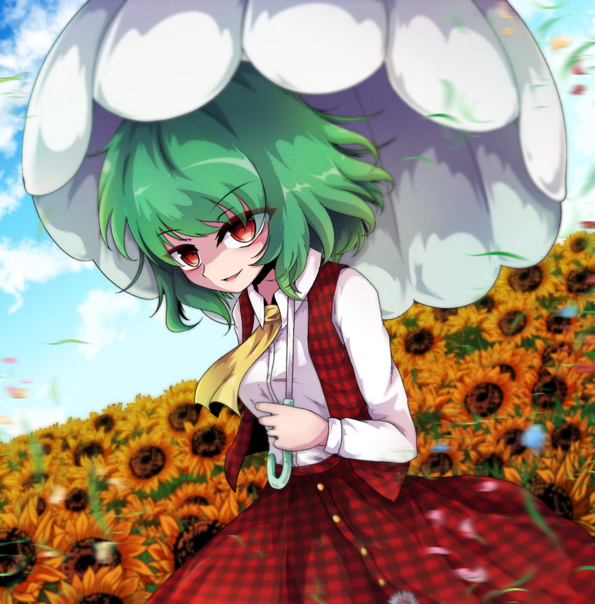 1girl, blue_sky, blurry, blurry_background, breasts, buttons, collared_shirt, day