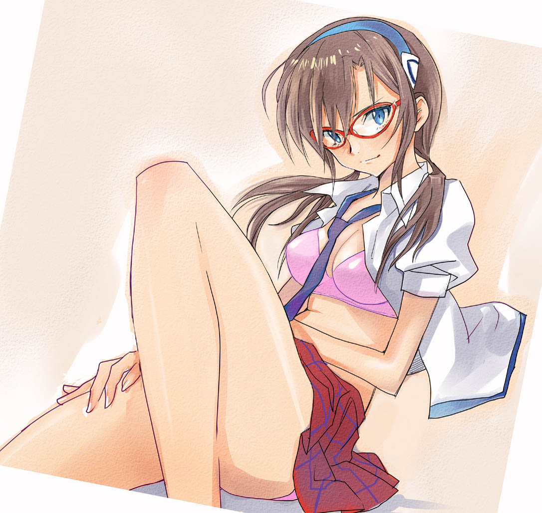 breasts, brown_hair, cleavage, evangelion:_2.0_you_can_(not)_advance, glasses, hairband, kantaro, long_hair