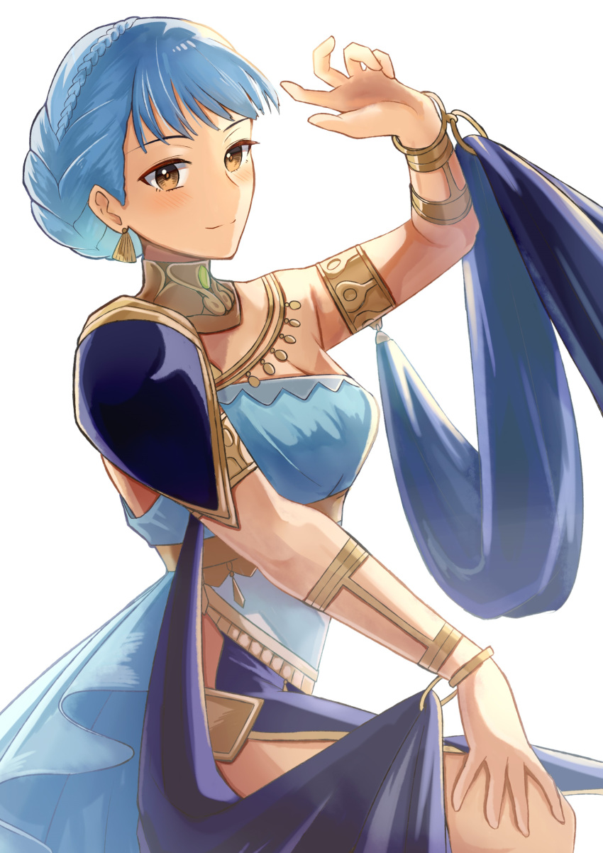1girl, absurdres, alternate_costume, arm_up, armlet, armor, blue_dress, blue_hair