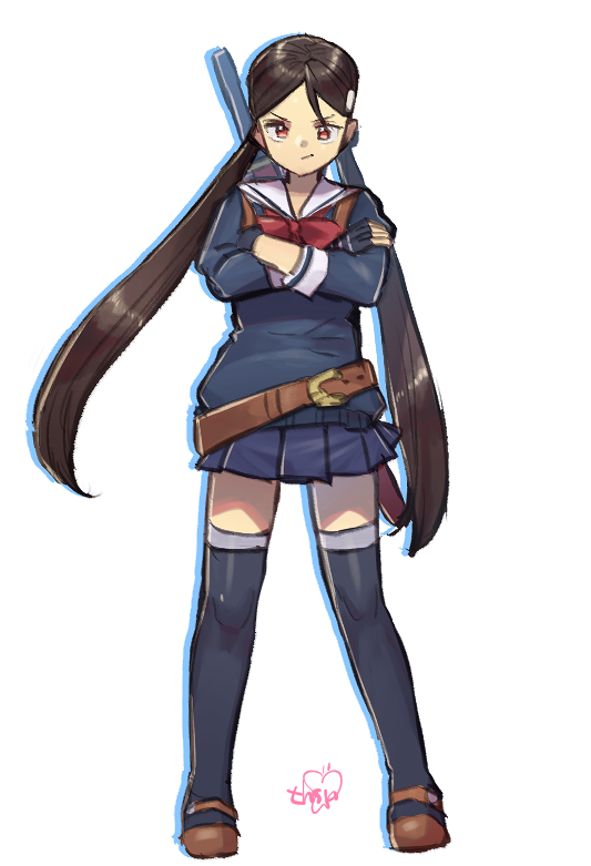 1girl, belt, black_hair, closed_mouth, hair_ornament, long_hair, looking_at_viewer, murata_tefu, oneechanbara, red_eyes, saki_(oneechanbara), school_uniform, simple_background, skirt, solo, thigh-highs, twintails, weapon, white_background