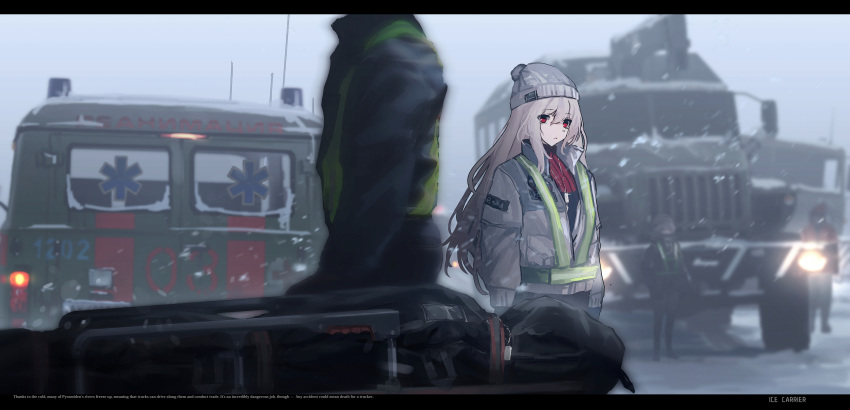 1girl, accident, ambulance, coat, commentary, gurney, haguruma_c, highres