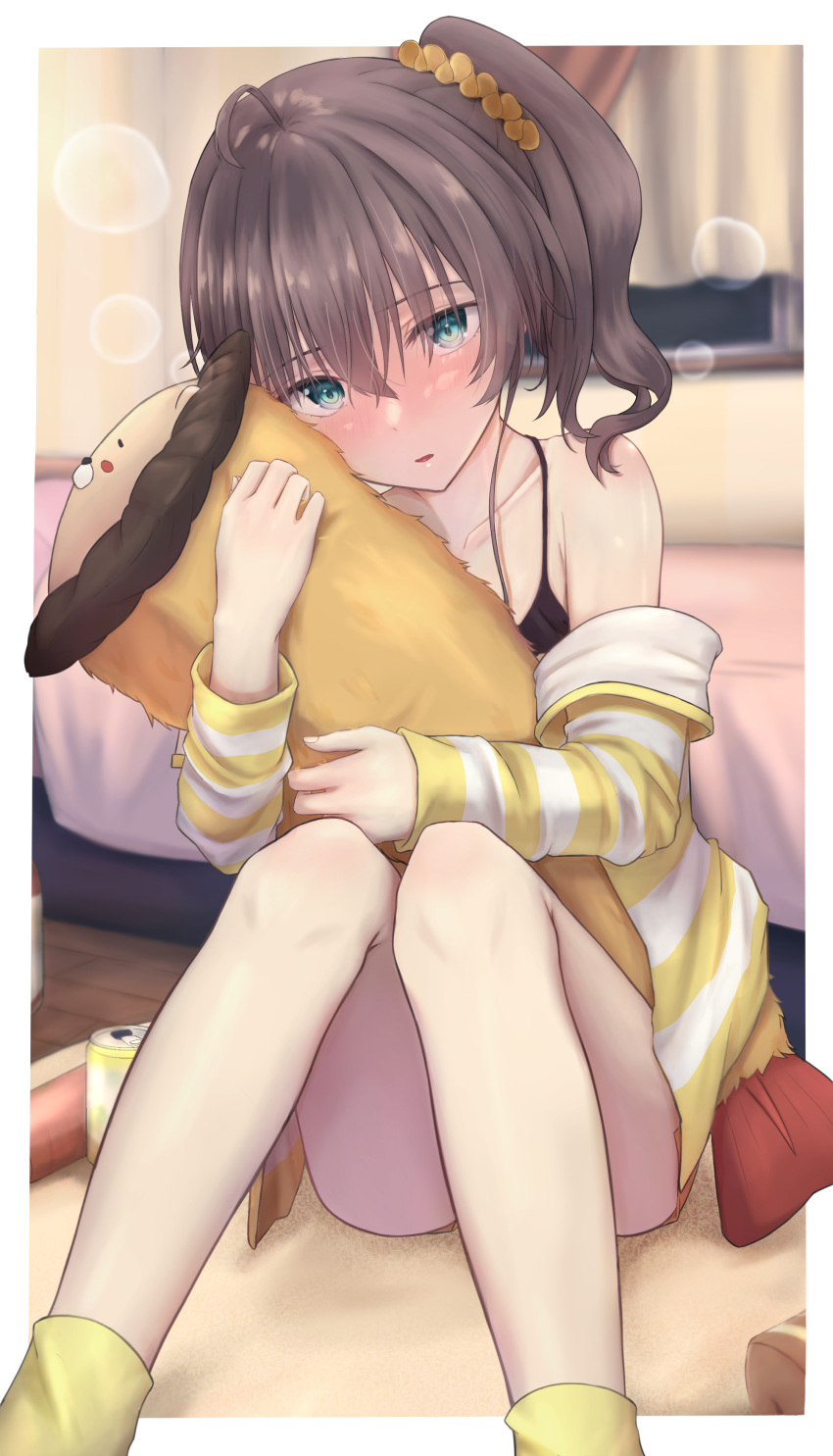 1girl, absurdres, aqua_eyes, bangs, bedroom, blush, brown_hair, camisole