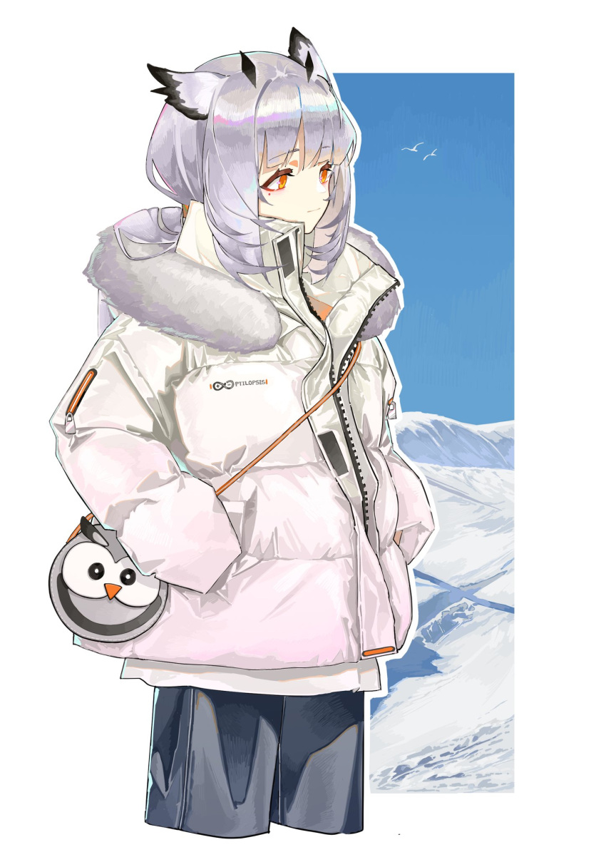 1girl, animal, arknights, awakeningdog, bird, blue_shorts, border, coat