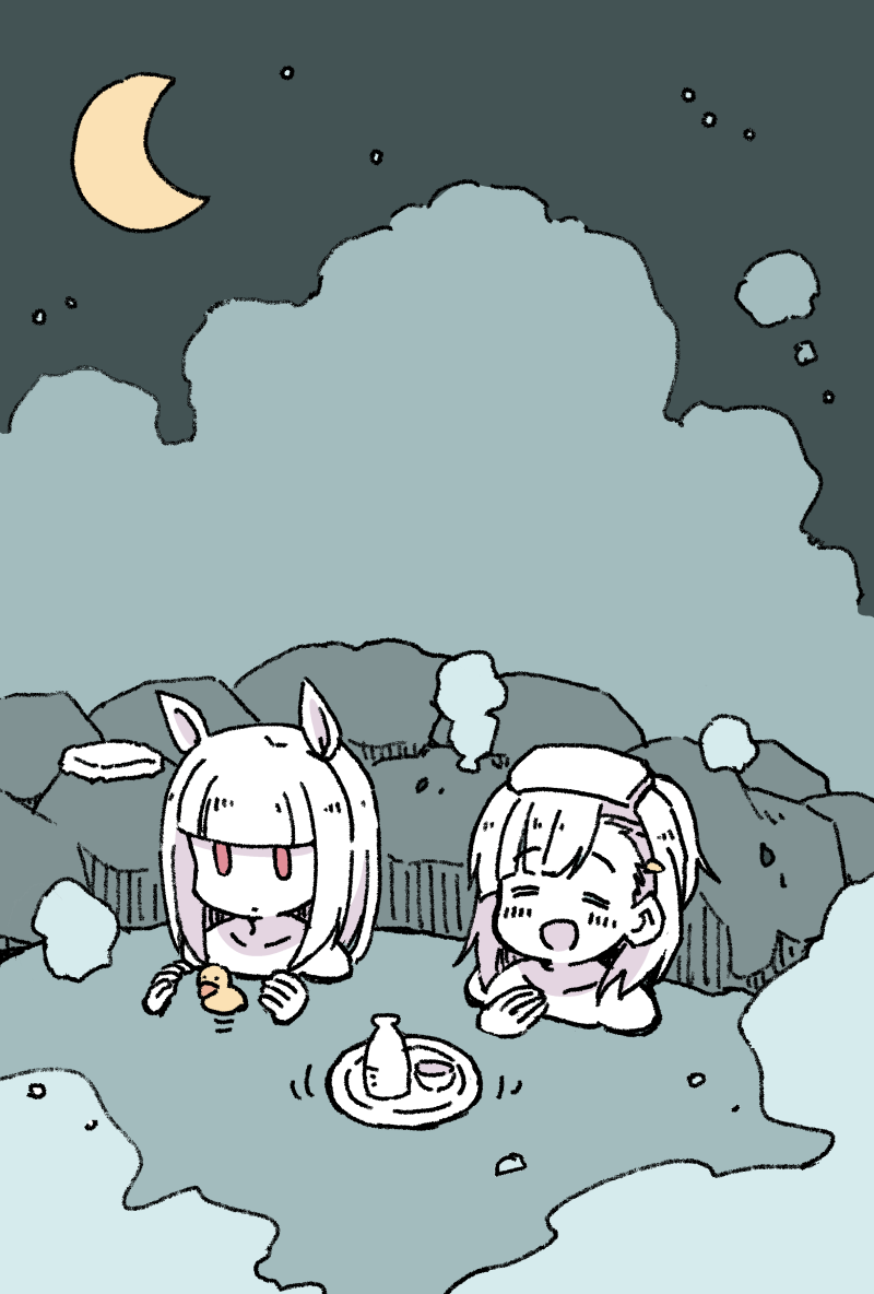 2girls, :d, =_=, animal_ears, blush, choko_(cup), closed_eyes, collarbone