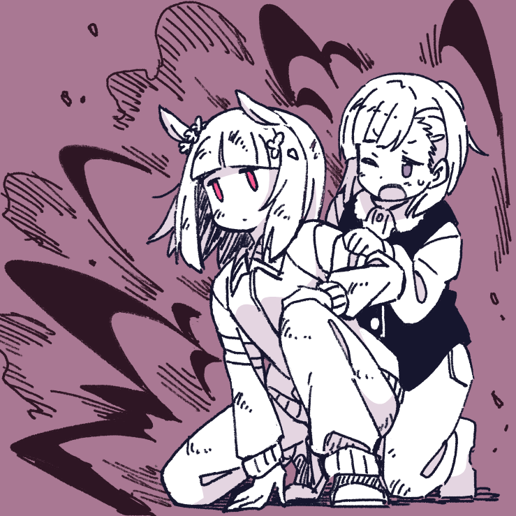 2girls, ;o, animal_ears, bangs, brown_background, closed_mouth, collared_shirt, dress_shirt