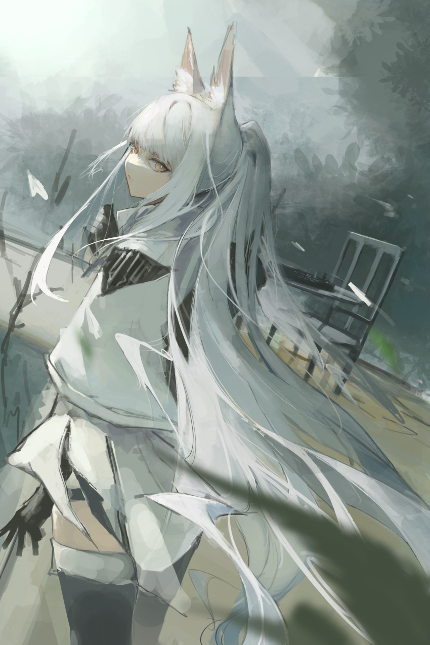 1girl, absurdres, animal_ear_fluff, animal_ears, arknights, black_gloves, black_legwear, chair