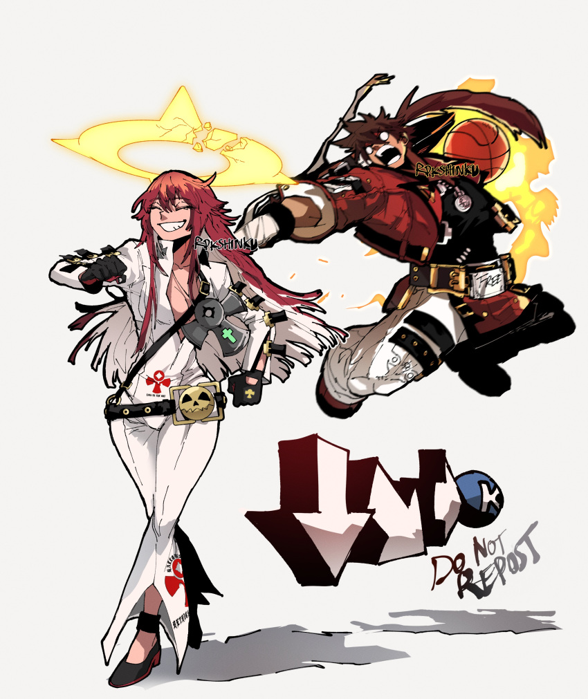1boy, 1girl, absurdres, aria_(guilty_gear), ball, bandaged_arm, bandages, basketball