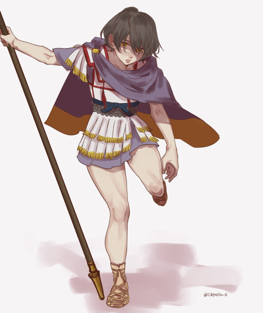 1girl, bare_legs, black_hair, brown_eyes, cape, capelin_s, highres, holding