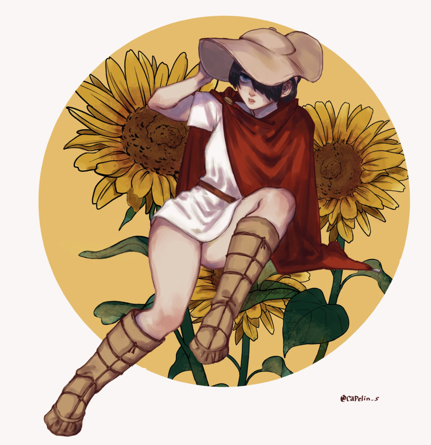 arm_up, black_hair, blue_eyes, boots, brown_footwear, brown_headwear, cape, capelin_s