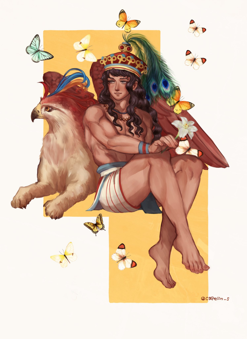 1boy, animal, bangs, bare_legs, barefoot, biceps, black_hair, bug