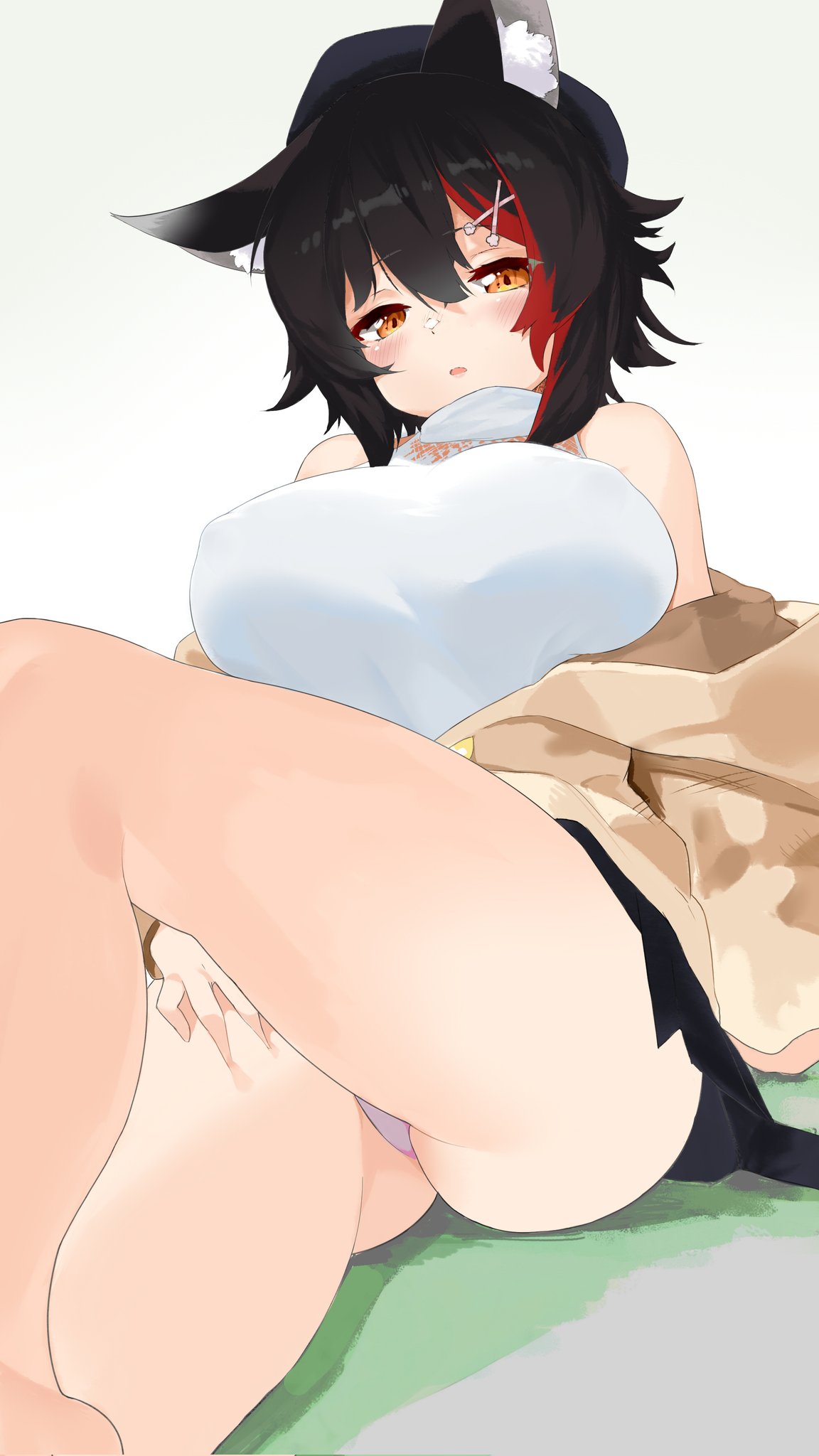 1girl, animal_ear_fluff, animal_ears, bare_legs, beret, black_hair, black_headwear, black_skirt