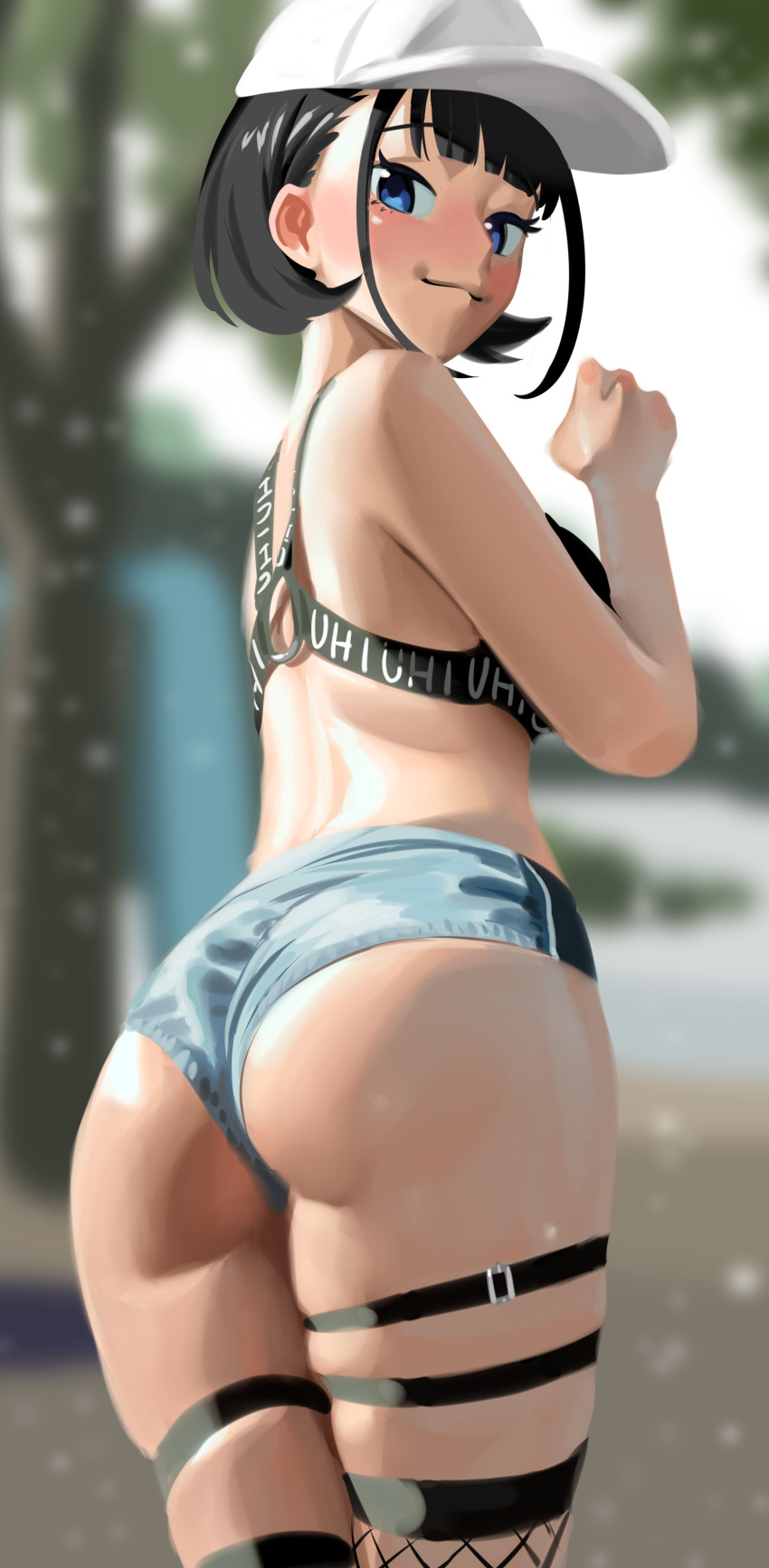 1girl, absurdres, ass, bangs, black_hair, blue_eyes, blue_shorts, blunt_bangs