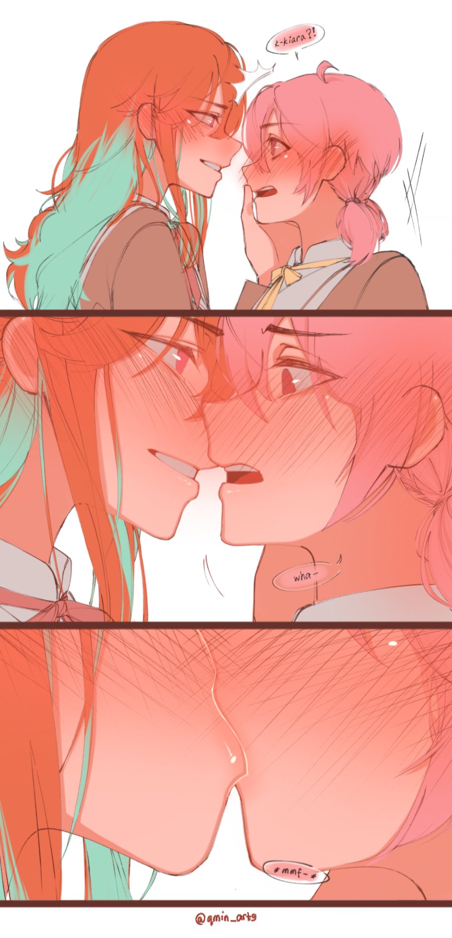 2girls, blush, couple, derivative_work, dress, earrings, eye_contact, eyebrows_visible_through_hair
