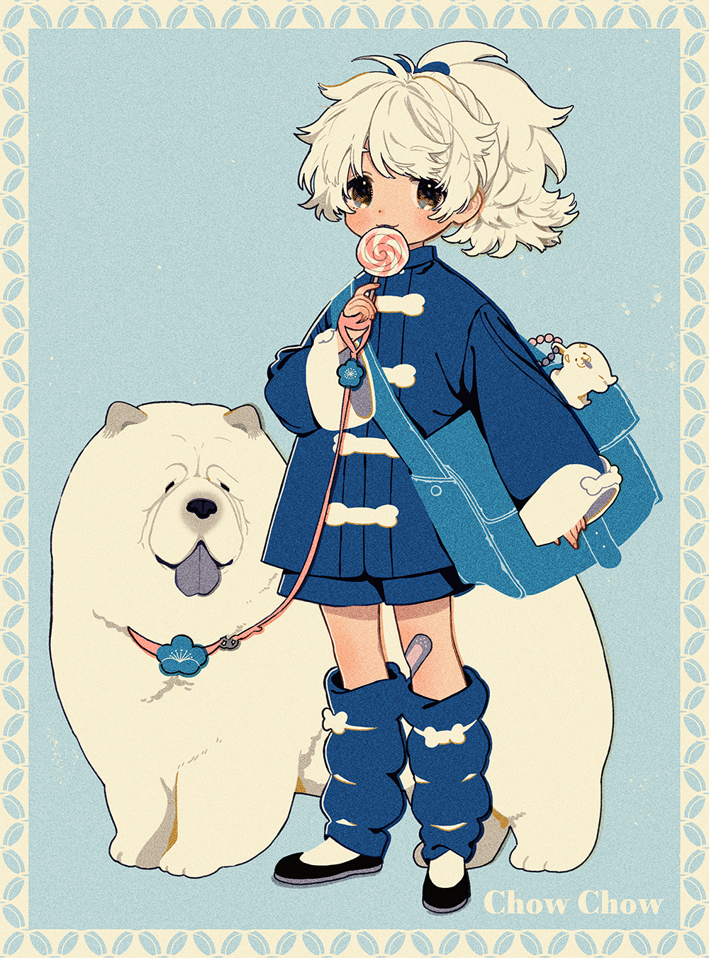 1girl, bandaid, bandaid_on_leg, black_footwear, blue_flower, blue_shirt, blue_shorts, brown_eyes