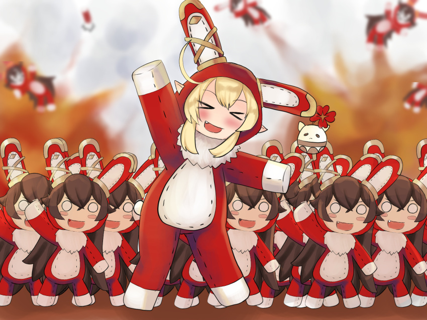 >_<, 1girl, :d, ahoge, alternate_costume, bangs, baron_bunny_(genshin_impact), baron_bunny_(genshin_impact)_(cosplay), black_hair, blonde_hair, bluebird_(leh951025), blurry, blush_stickers, commentary_request, cosplay, dancing, depth_of_field, explosion, eyebrows_visible_through_hair, fang, genshin_impact, hair_between_eyes, highres, jumpy_dumpty, klee_(genshin_impact), long_hair, looking_at_viewer, open_mouth, pointy_ears, sidelocks, simple_background, smile, stuffed_animal, stuffed_bunny, stuffed_toy, trait_connection, xd