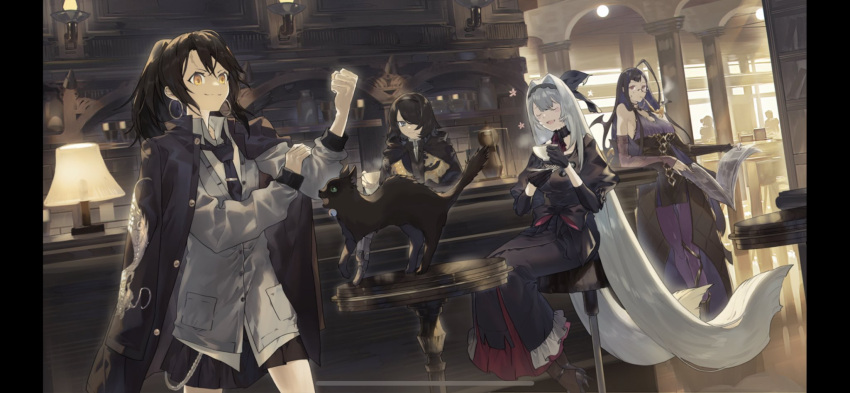 4girls, absurdly_long_hair, ahoge, alchemy_stars, arm_grab, bangs, black_bow, black_cat
